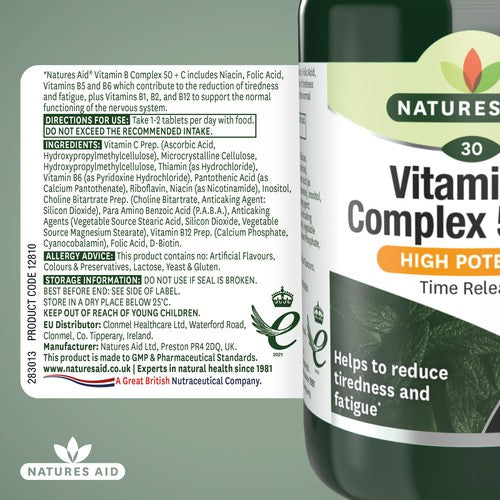 Natures Aid B Complex 50 Plus C tablets, imported from the UK