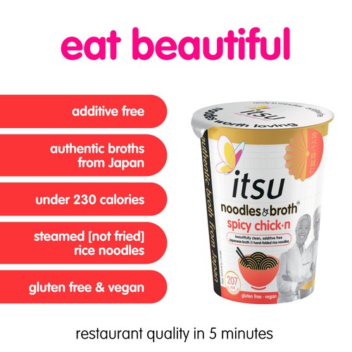 Itsu spicy chickn instant noodles broth pot 64g, UK version