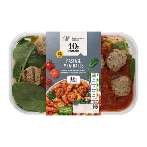 M&S high protein pasta and meatballs meal with tomato sauce and spinach 400g, imported from the UK