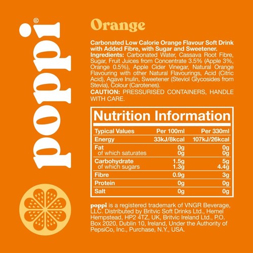 Poppi Orange Soda cans 330ml (British brand)