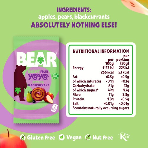 Bear Giant Fruit Yoyos apple and blackcurrant fruit rolls 5 x 20g - British product