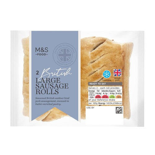 M&S British pork sausage rolls in butter-enriched pastry, 2 per pack, imported from the UK