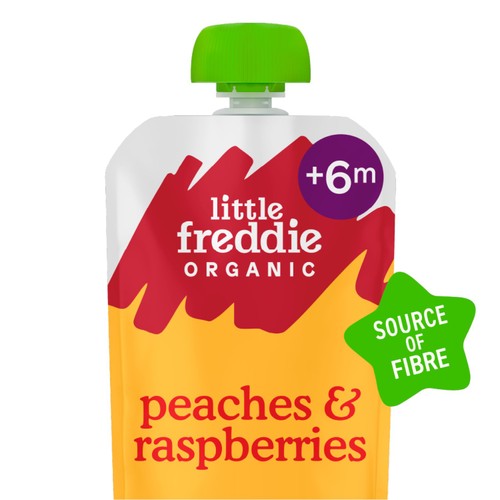 Little Freddie organic peaches and raspberries baby food pouch 100g, UK version