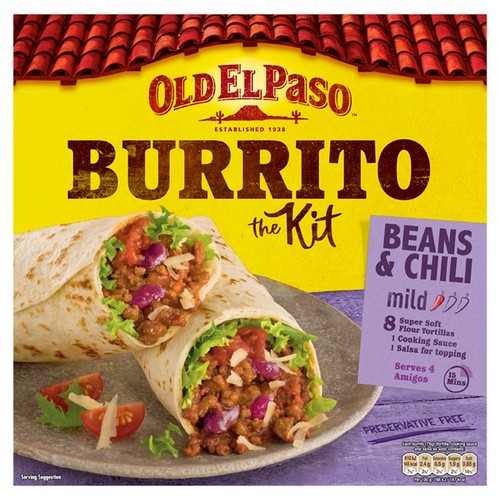 Old El Paso Mexican beans & beef chili mild burrito kit 620g, imported from the UK