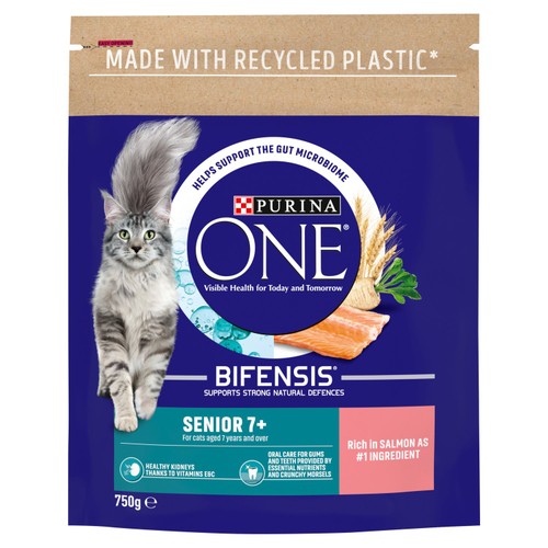 Purina One senior salmon dry cat food for cats aged 7+ years, imported from the UK