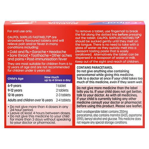 Calpol SixPlus Fastmelts Tablets Strawberry 6+ Years
