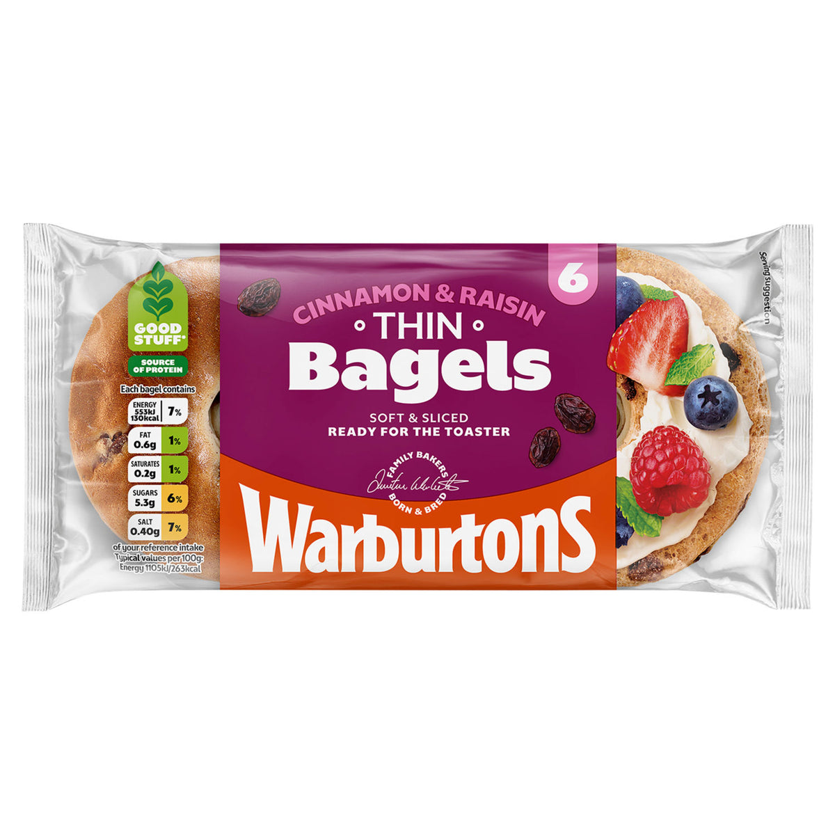 Warburtons cinnamon raisin thin bagels 6 pack, imported from the UK