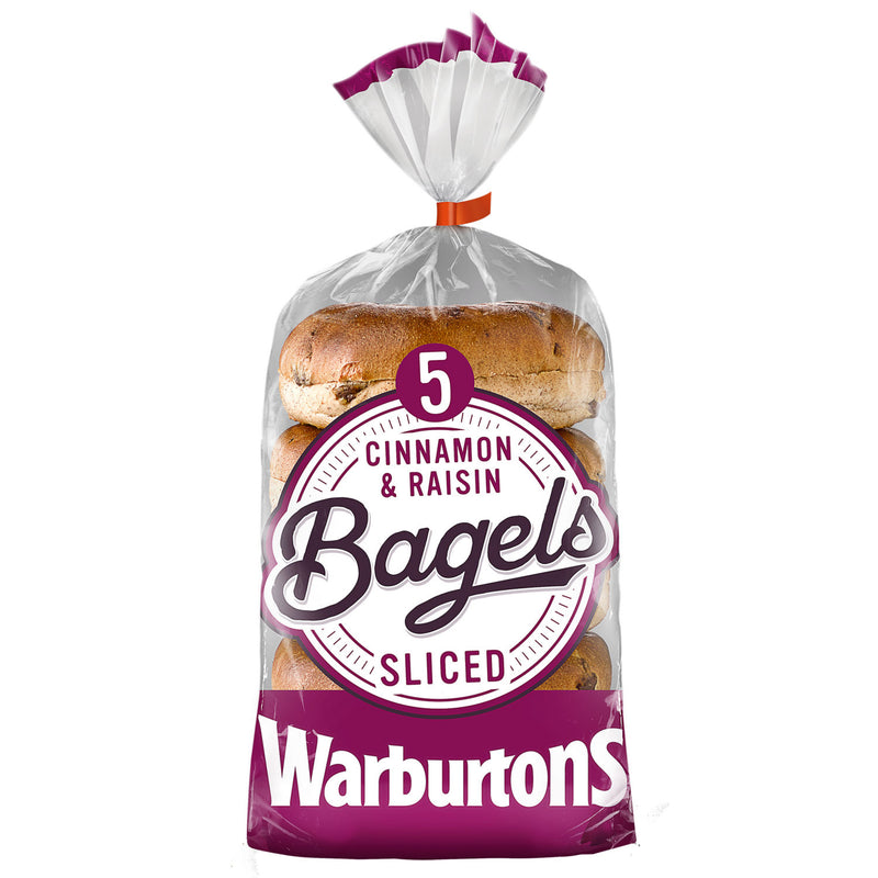 Warburtons cinnamon raisin sliced bagels 5 pack (British brand)