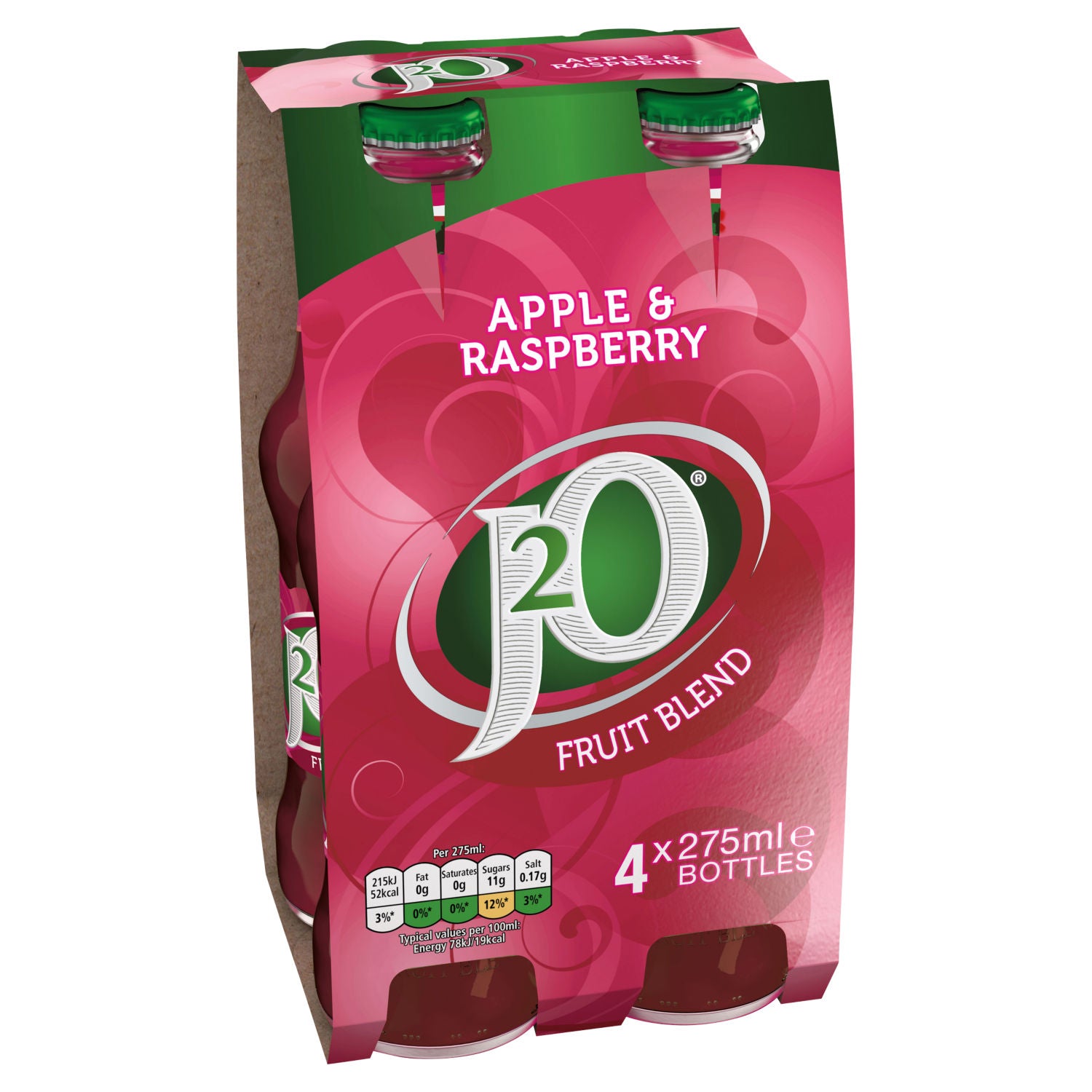 J2O Apple & Raspberry soft drink 4 x 275ml bottles, UK version