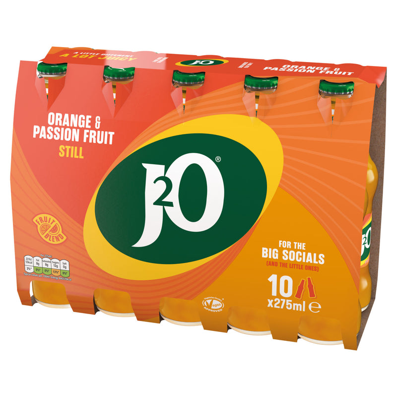J2O Orange & Passion Fruit soft drink 10 x 275ml bottles, UK version