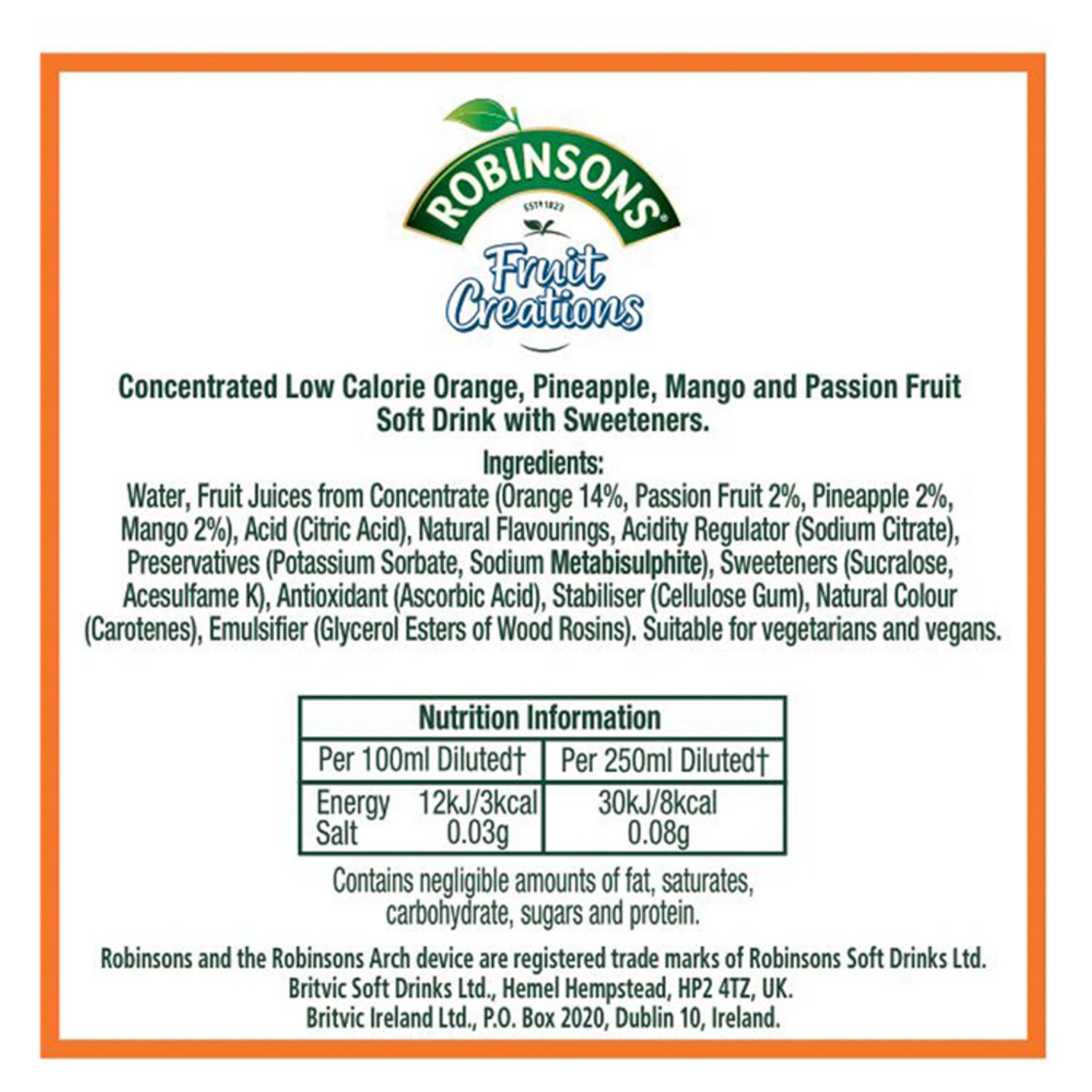 Robinsons Pineapple, Mango & Passion Fruit squash 1L, imported from the UK