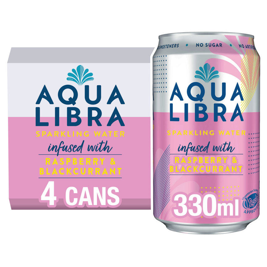 Aqua Libra Sparkling Water Infused with Raspberry & Blackcurrant Cans GOODS ASDA   