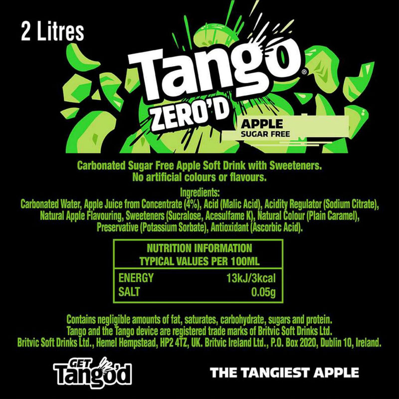 Tango Zero'd Apple sugar-free soft drink 2L, UK version