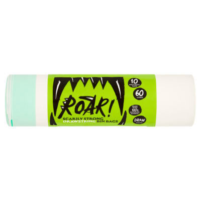Roar Drawstring Bin Bags 10 pack 60 Litres, imported from the UK