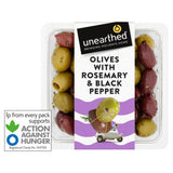 Unearthed Olives with Rosemary and Black Pepper 150g, imported from the UK