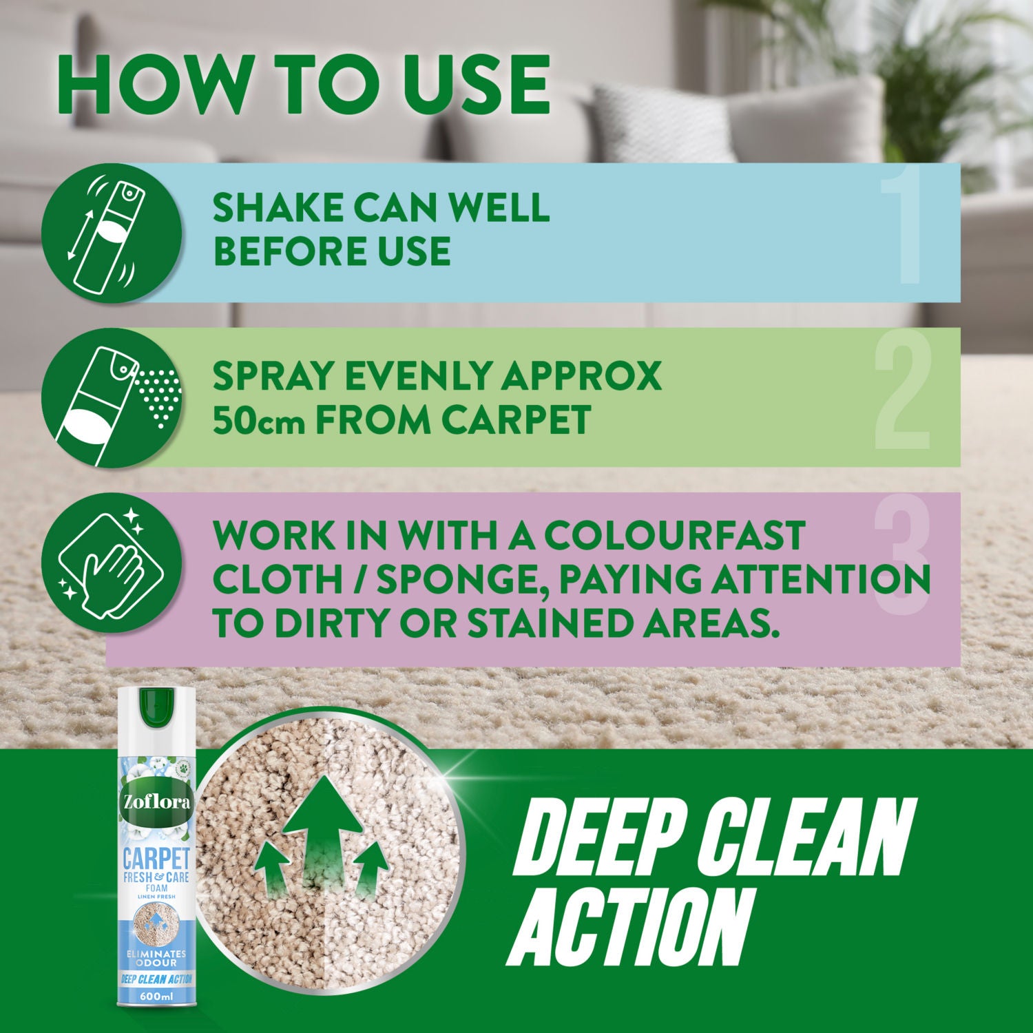 Zoflora Carpet Fresh Foam Linen Fresh 600ml (British brand)