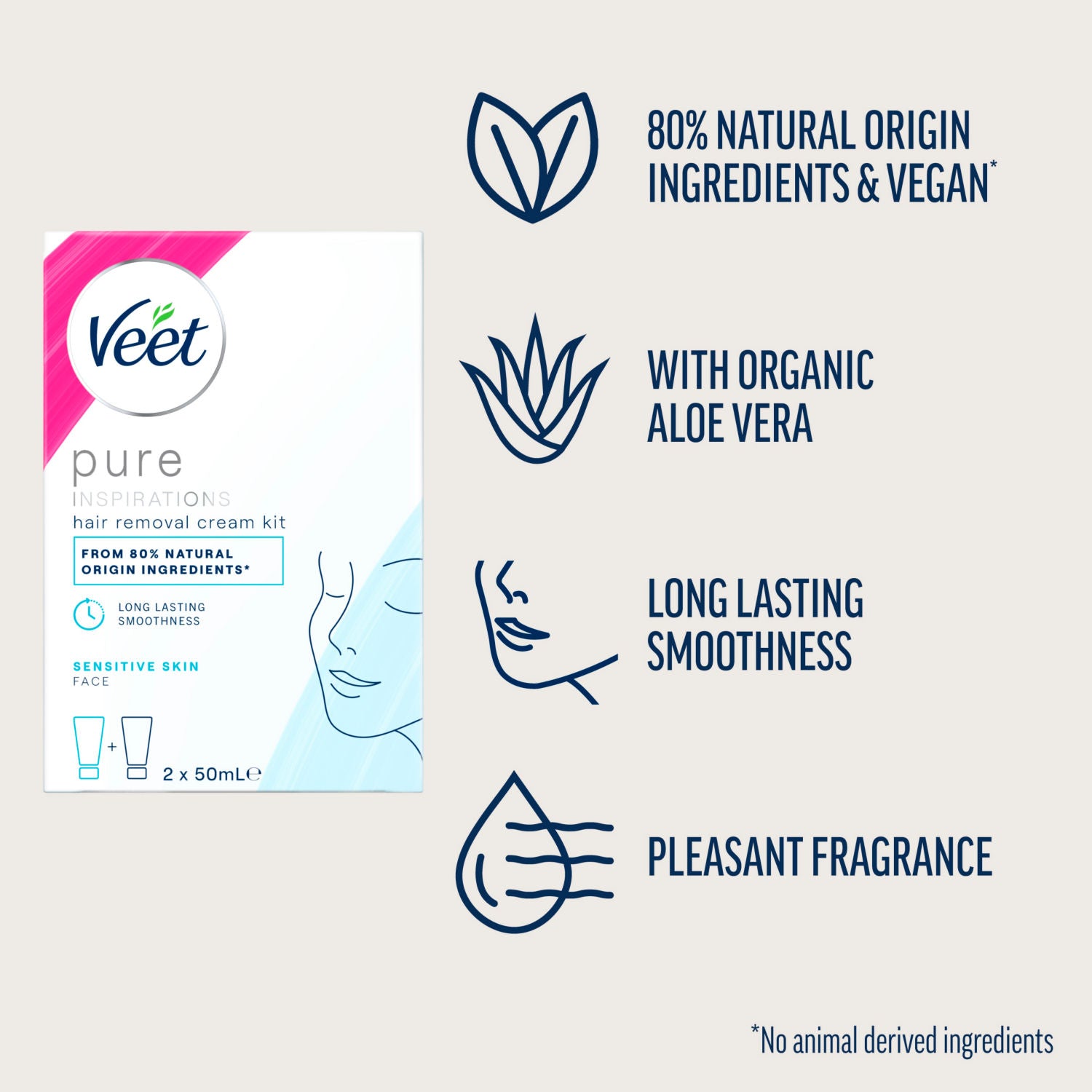 Veet hair removal cream kit for face sensitive skin 2 x 50ml (British brand)