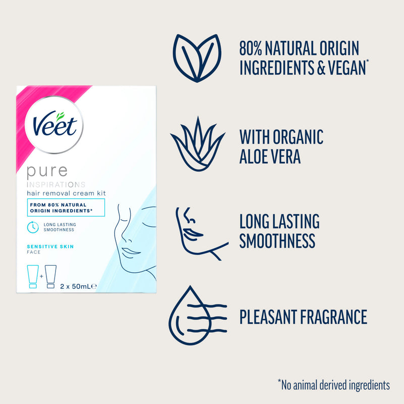 Veet hair removal cream kit for face sensitive skin 2 x 50ml (British brand)