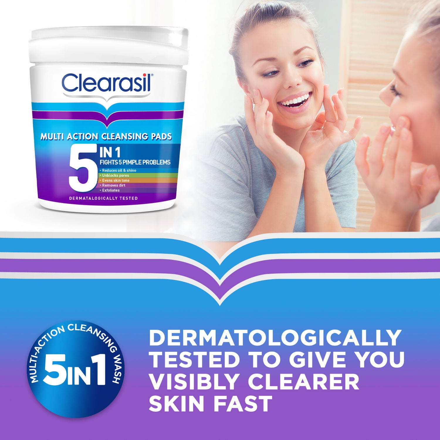 Clearasil multi-action 5-in-1 cleansing pads 65 pads - British product