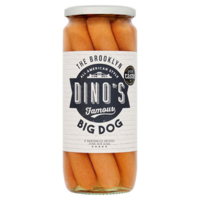 Dino's Famous beechwood smoked pork hot dogs 1030g, imported from the UK
