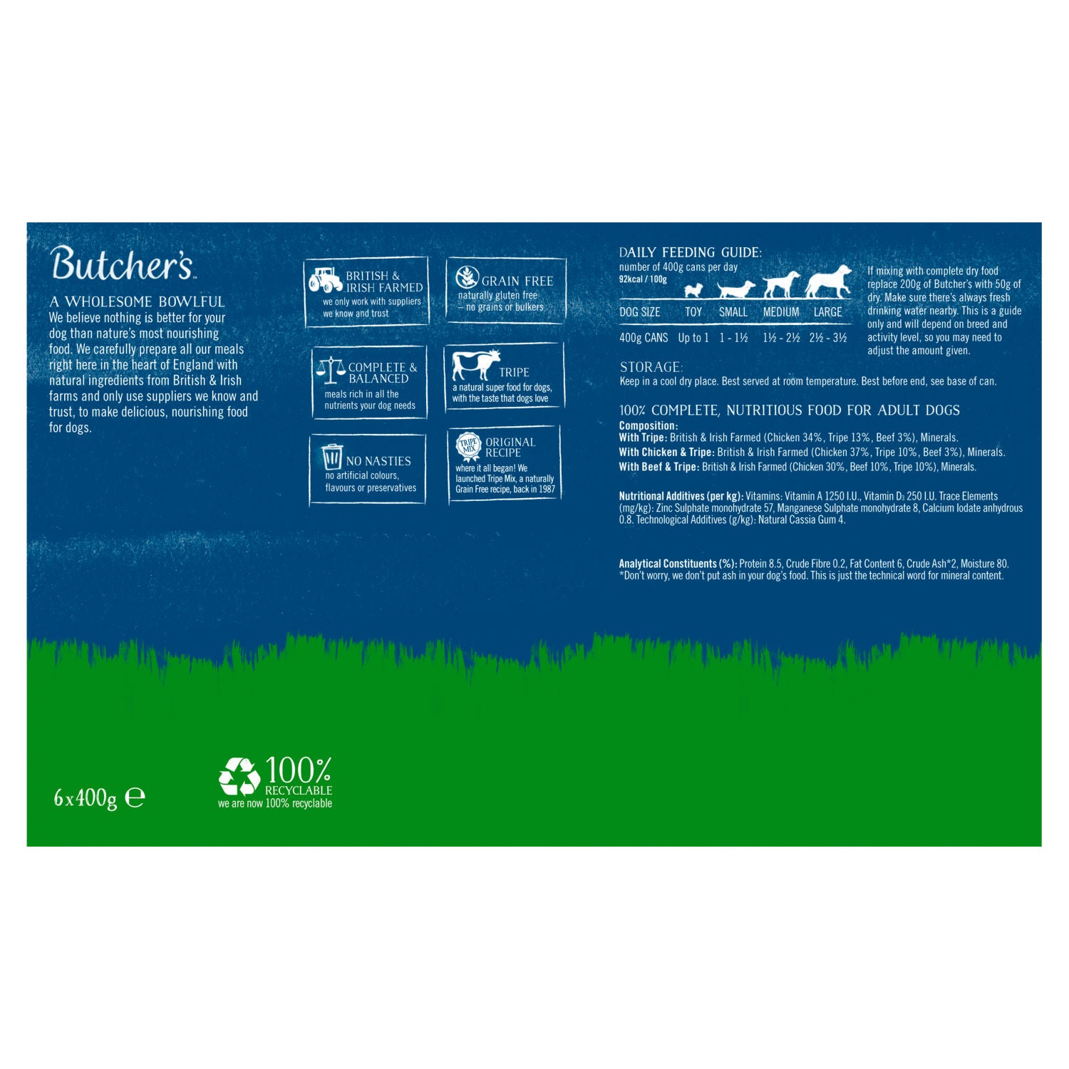 Butcher's tripe wet dog food 6x400g, imported from the UK