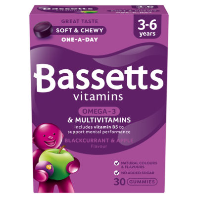 Bassetts solbær & eple Omega-3 multivitamin Gummies for barn 3-6 år 30 Gummies