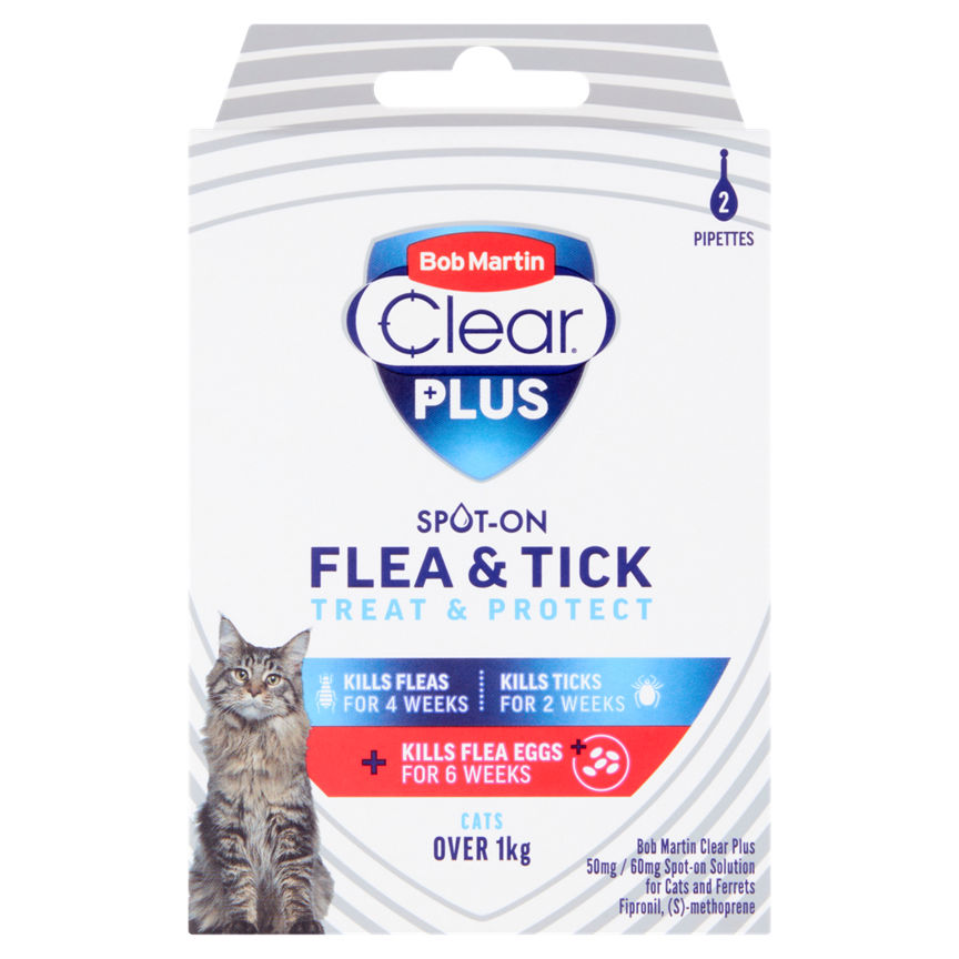 Bob Martin Clear Plus Spot-On Flea & Tick Solution for Cats & Ferrets 2 Pipettes GOODS ASDA   