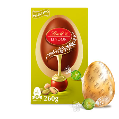 Lindt milk chocolate egg with Lindor pistachio truffles 260g (British brand)