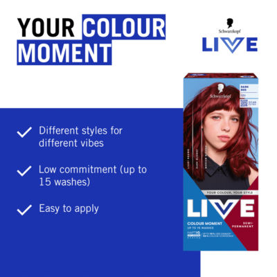 Schwarzkopf LIVE semi-permanent dark red hair dye, imported from the UK