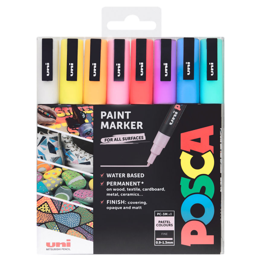 Uni Posca 8 Paint Marker Pastel Colours PC-3M Fine 0.9-1.3mm GOODS ASDA   