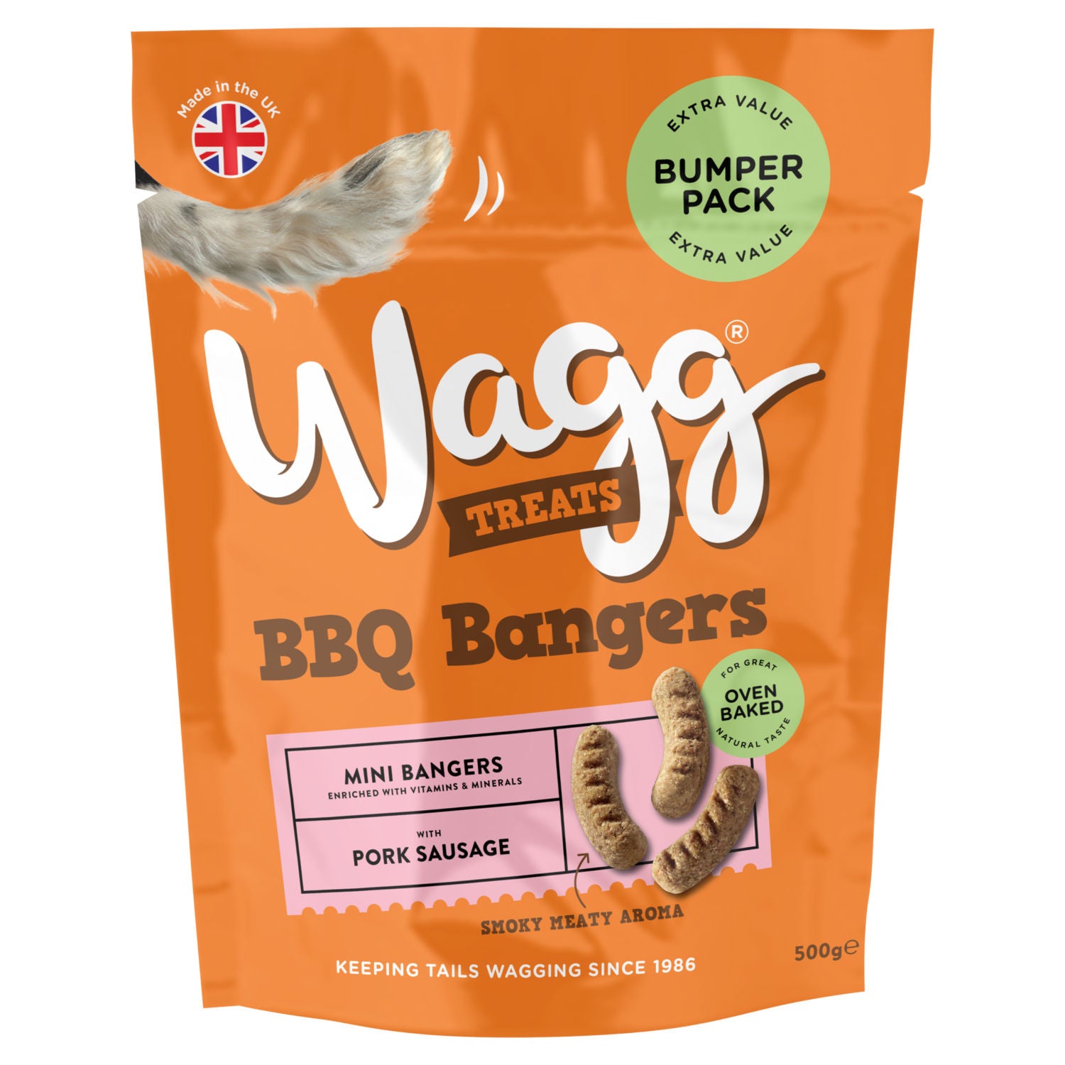 Wagg dog treats BBQ Bangers 500g, imported from the UK