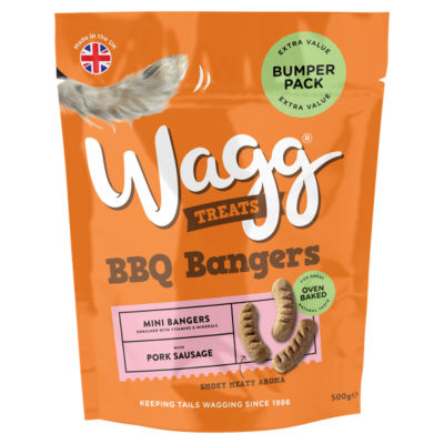 Wagg dog treats BBQ Bangers 500g, imported from the UK