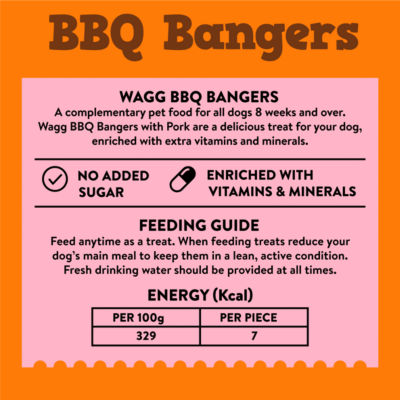 Wagg dog treats BBQ Bangers 500g, imported from the UK