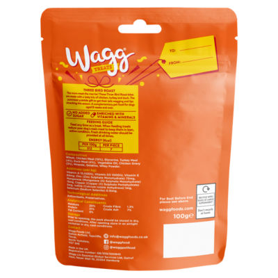 Wagg Three-Bird Roast dog treats 100g, imported from the UK