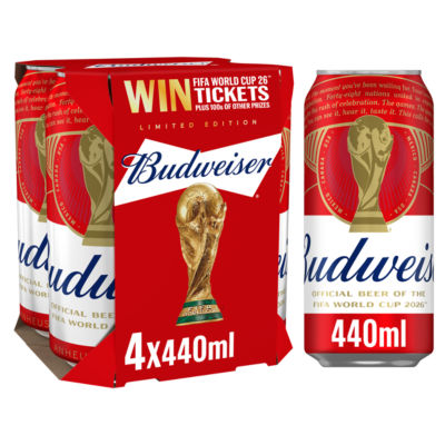 Budweiser lager beer 4 cans 440ml each (British brand)