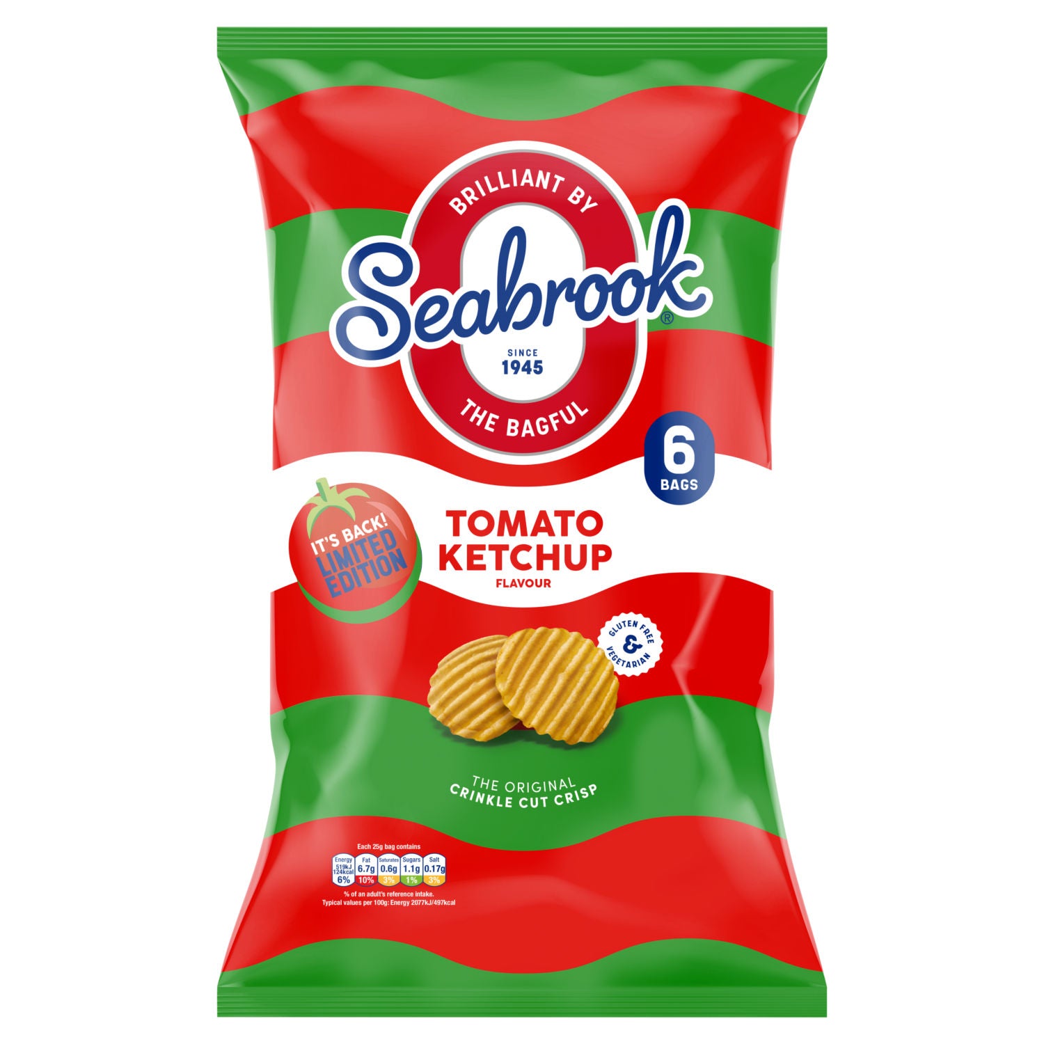 Seabrook Tomato Ketchup flavour potato crisps multi-pack 6 x 25g, imported from the UK