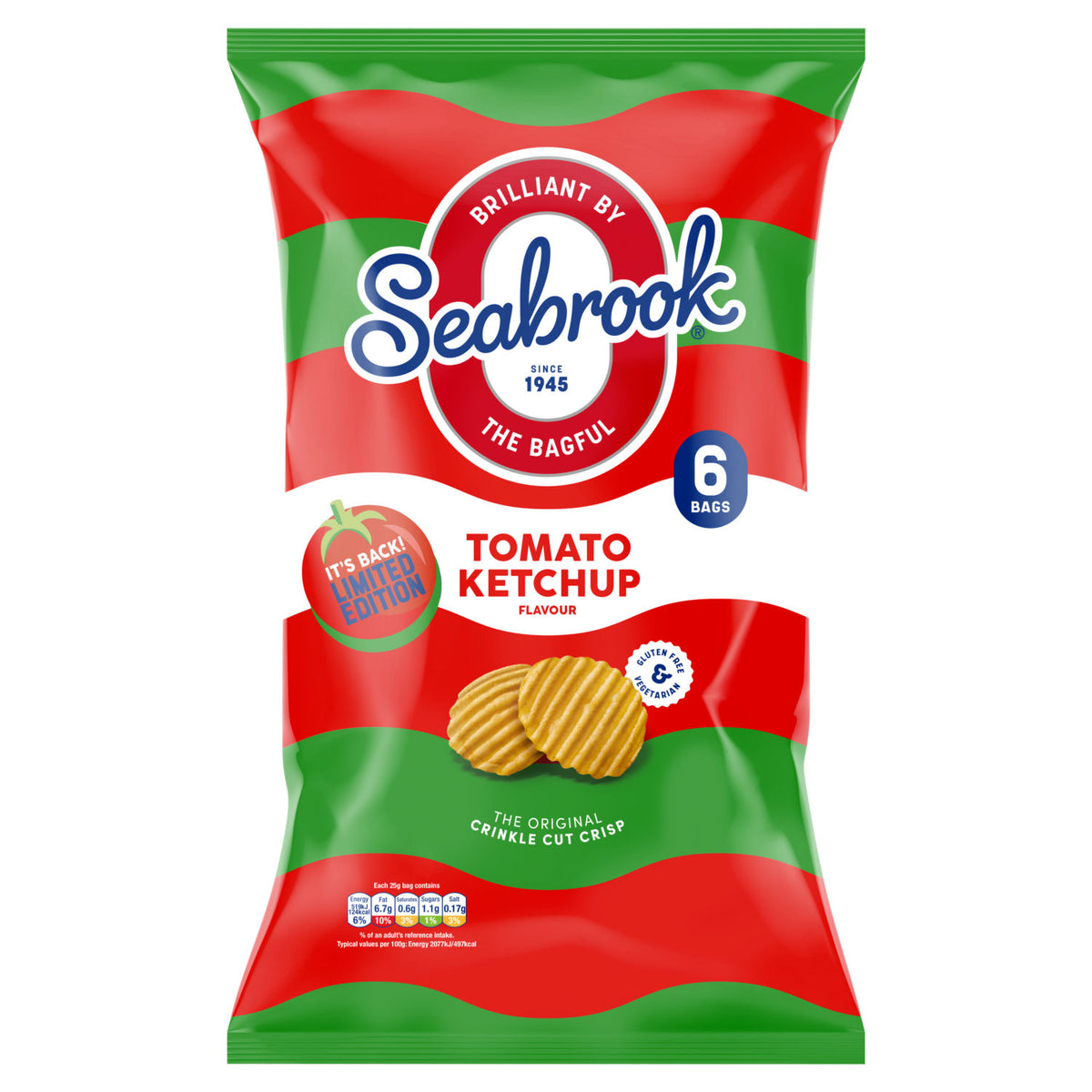 Seabrook Tomato Ketchup flavour potato crisps multi-pack 6 x 25g, imported from the UK