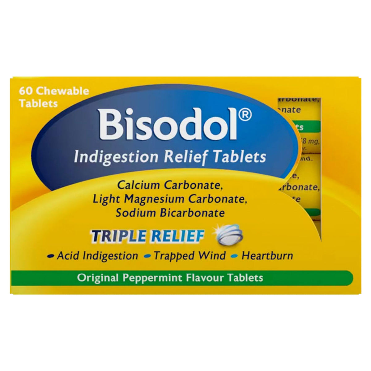 Bisodol chewable antacid tablets 60 count (British brand)