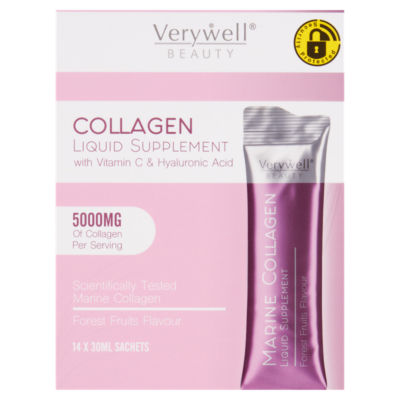 Verywell collagen liquid supplement with vitamin C and hyaluronic acid forest fruits 14 x 30ml sachets (British brand)