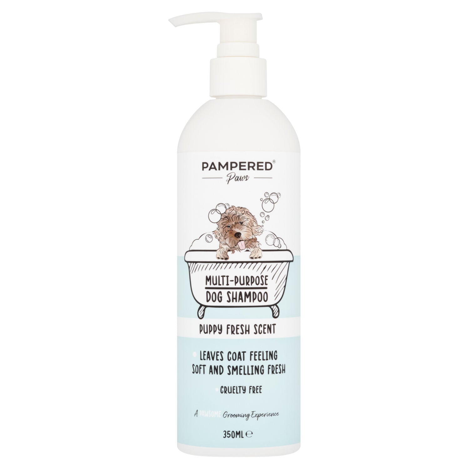 Pampered Paws multi-purpose dog shampoo 350ml, imported from the UK