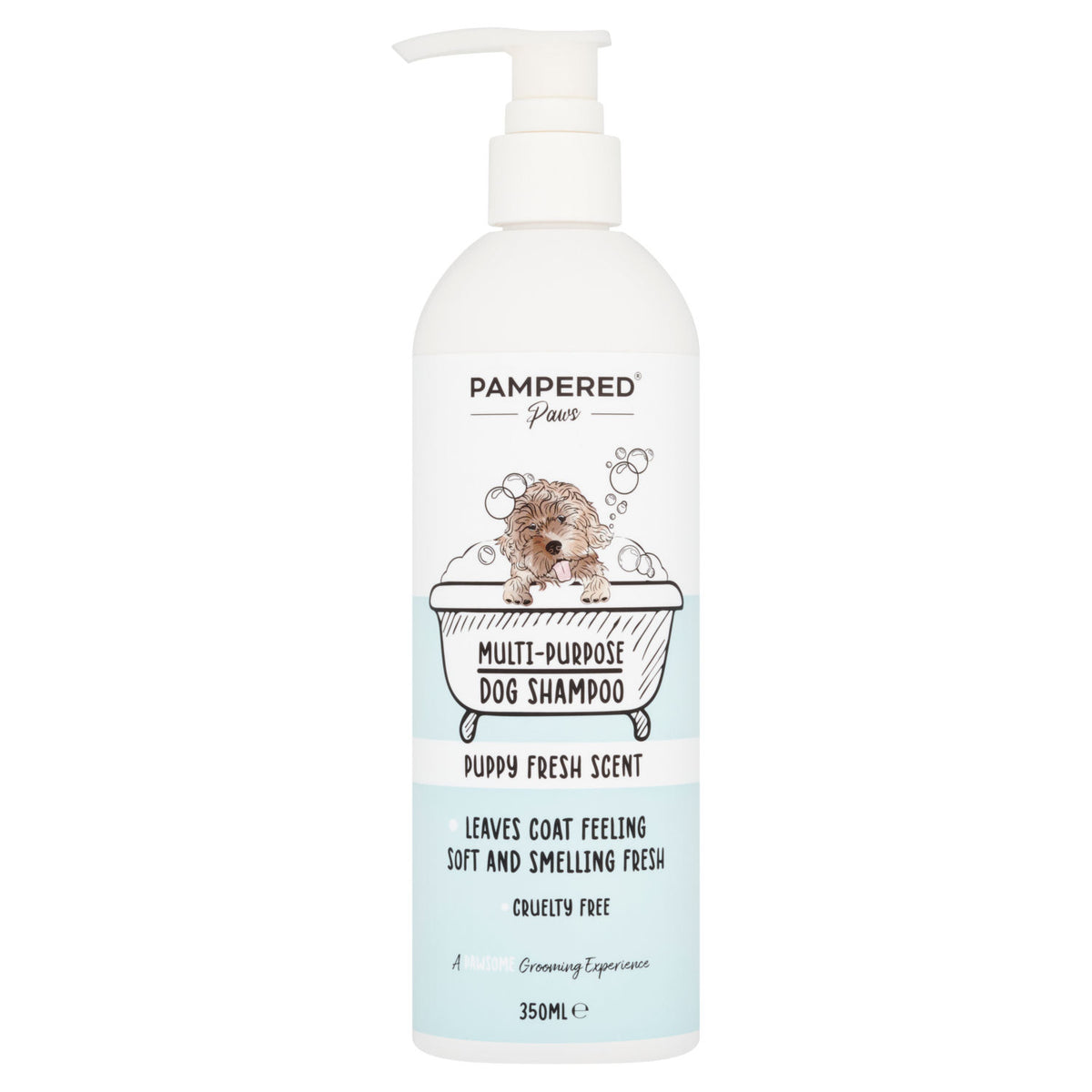 Pampered Paws multi-purpose dog shampoo 350ml, imported from the UK