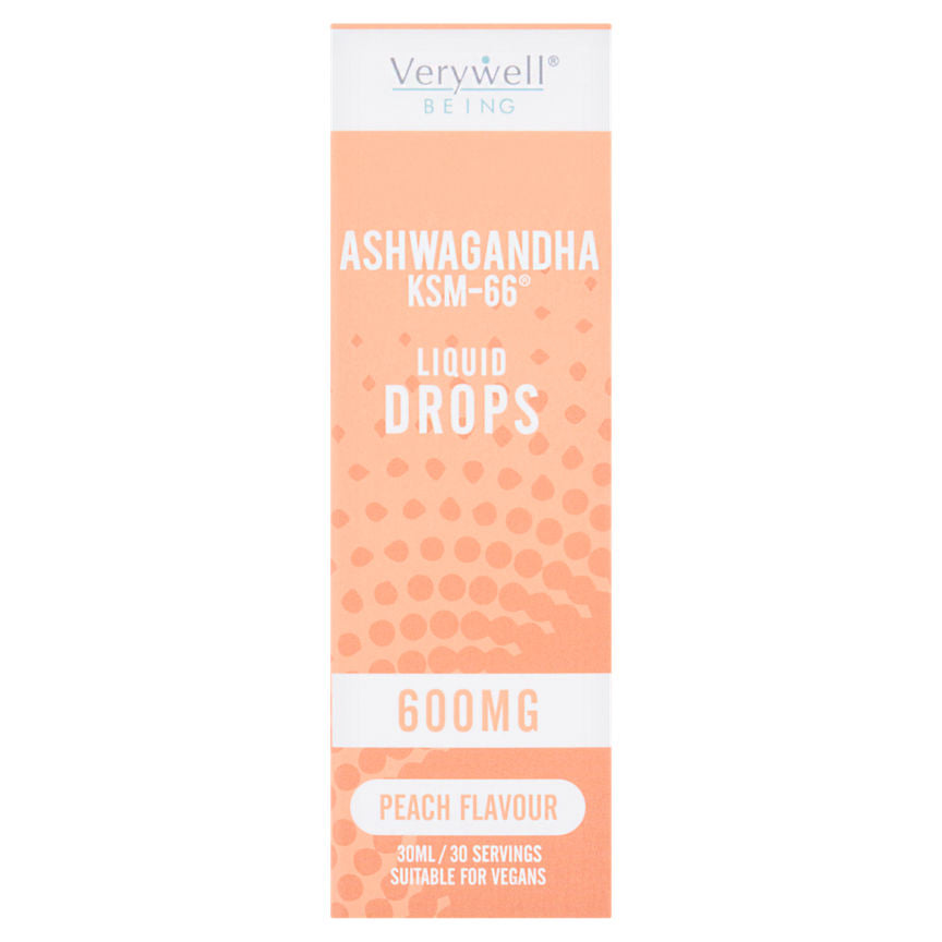 Verywell Peach Flavour Ashwagandha KSM-66 Liquid Drops 600mg 30ml GOODS ASDA   