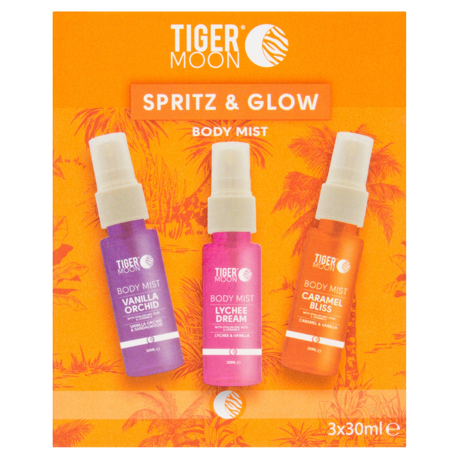 Tiger Moon Spritz & Glow body mists 3x30ml - British product