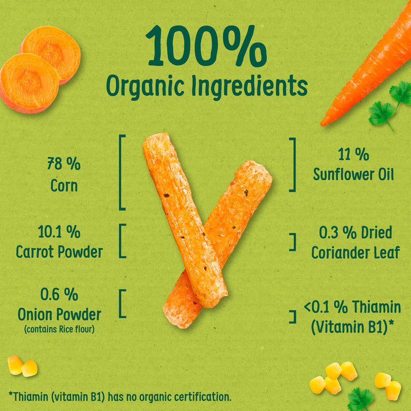 Organix Carrot & Herb Stix baby snacks multipack 4x15g, imported from the UK
