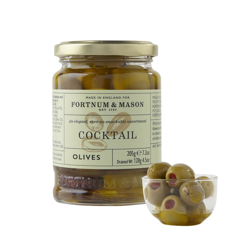 Pimento stuffed cocktail olives 205g jar extra virgin olive oil (British brand)