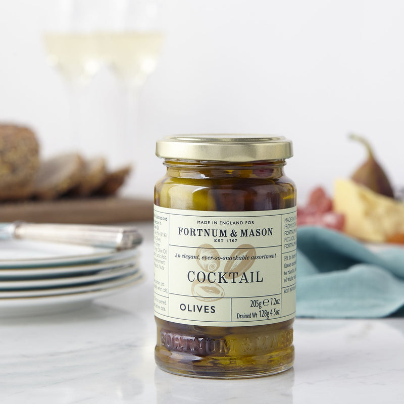 Pimento stuffed cocktail olives 205g jar extra virgin olive oil (British brand)