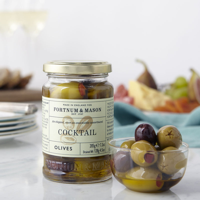 Pimento stuffed cocktail olives 205g jar extra virgin olive oil (British brand)