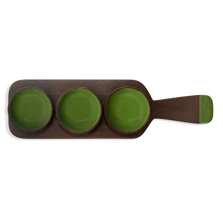Habitat x Scion 3 piece green dip bowls with mango wood board, imported from the UK