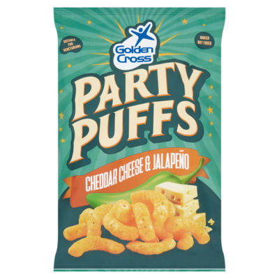 Golden Cross cheddar cheese jalapeño party puffs 125g, imported from the UK