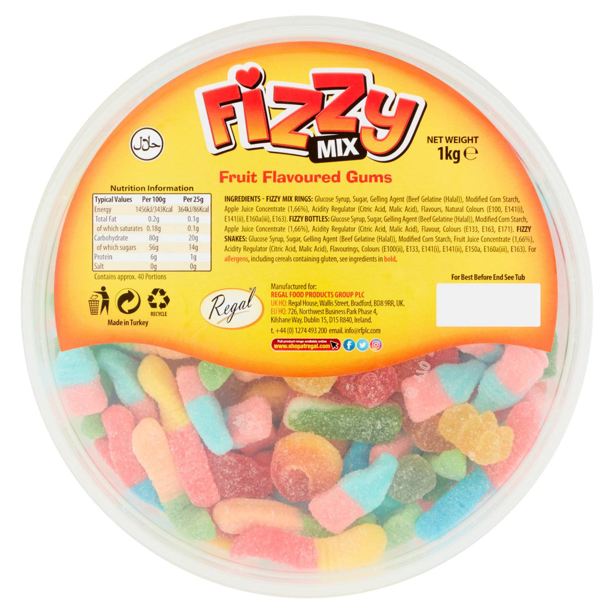 Regal Fizzy Mix fruit gum candy 1kg tub (British brand)